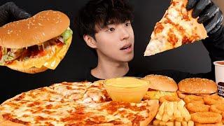 피자 햄버거 먹방! 치즈 피자 치즈 버거 감자튀김 어니언링 치즈 소스까지 CHEESE PIZZA & CHEESE BURGER MUKBANG ASMR EATING SOUNDS