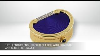 19th century English gold pill box with diamonds and guilloché enamel.