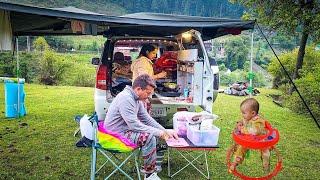 Family living in car with small kid. asmr relax camping