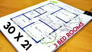 30 x 20 house plan design with 3 bed rooms II 30 x 20 ghar ka naksha II 3 bhk house plan