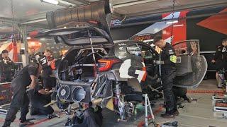 WRC Tet Rally Latvia 2024 Fri eve service Toyota Gazoo Racing team servicing Rovanpera  Katsuta cars