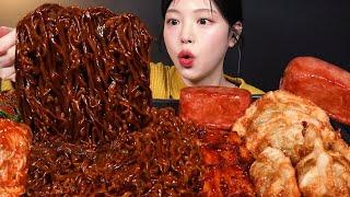 Jjajang Ramyeon, Spicy Buldak Enoki Mushrooms, Crispy Dumplings & Spam Mukbang ASMR