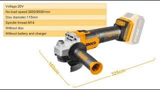 INGCO CAGLI201158 Cordless Angle Grinder 20V Brushless Cut-Off Tool with 1pcs Auxiliary Handle