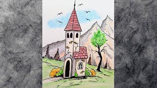 Cute Small Church Landscape Drawing for Beginners by Colored Pencils and Ink / Church Sketch Lesson