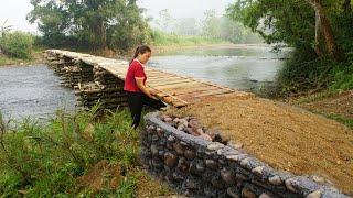 Building a bamboo bridge to the island off grid - Build stone pier foundations at both ends