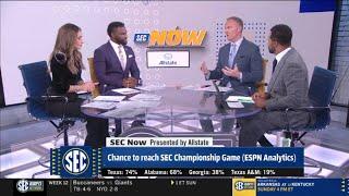 ESPN breaks Chance to reach SEC Championship Game: Texas 74%, Alabama 68%, Georgia 38% Texas A&M 19%