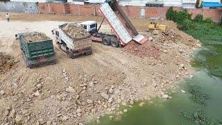 Amazing Full Filling Up Land Flood Project By KOMATSU DOZER D31p With Dump Trucks Operated