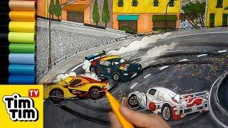 How to draw Max Schnell, Shu & Miguel Crash at Porto Corsa (3) Cars 2 step-by-step coloring pages