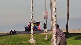 HOMELESS LADY WITH LOUDSPEAKER 7:30 IN THE MORNING LIVING IN TENT AT VENICE BEACH NOV 2024