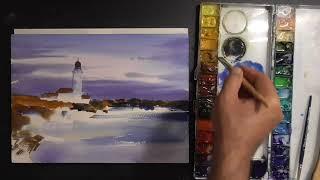 How to paint lighthouse in watercolor painting demo by javid tabatabaei