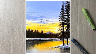 Winter sunset scenery with oil pastels