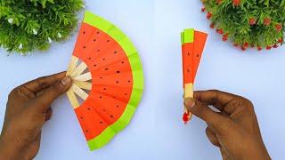 Learn How to Make A Paper Watermelon Summer Fan | DIY Handmade Paper Fan | Ice-Cream Stick Crafts