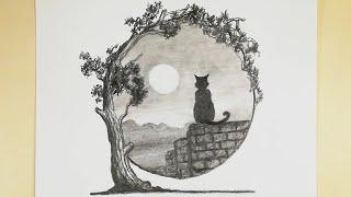 Pencil drawing - How to draw a Cat with Tree in Moonlight  - Nature Art drawing