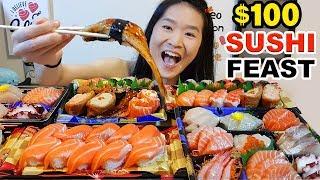 $100 SUSHI FEAST!! Salmon Sashimi, Nigiri, Sushi Rolls, Seafood | Japanese Food Eating Show Mukbang