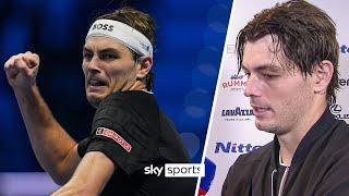 Taylor Fritz reacts after reaching the ATP Finals final 