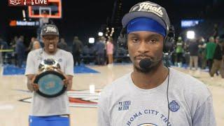 Jalen Williams bicep curls WCF trophy in background of SGA's interview 
