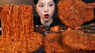 Giant Tomahawk Pork Cutlet with Spicy Buldak Noodles Mukbang ASMR