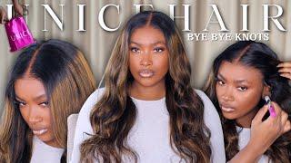 Unice Bye Bye Knots 7x5 Glueless Lace Balayage Highlight Body Wave Wig Install |Re'biana Symone