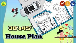 30’× 45’ house plan with car parking, 2bhk house design, 30’ by 45’ house map, 30*45 home plan