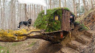 Building a Warm and Cozy Survival Shelter at the Root of a Fallen Tree. Secret Cave, Bushcraft