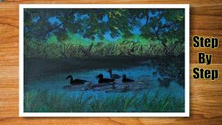 How to draw nature scenery painting | lake scenery painting with acrylic | acrylic painting