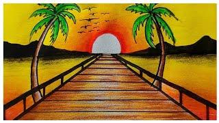 Sunset Drawing  | Easy Beach Scenery with Palm Trees  | Step-by-Step Tutorial for Beginners