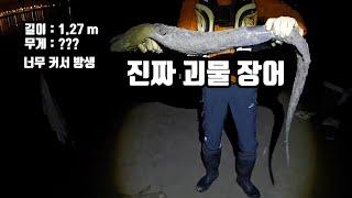 밤 원투 낚시로 잡은 진짜 큰 괴물 장어 1.27 m 너무 커서 풀어줌