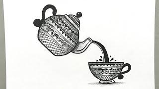 Creative Tea Kettle and Cup Mandala Drawing | Step by Step Mandala Art | Wall Decorative Mandala Art