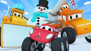 Monster trucks for children - WINTER - Snowman and freezing car !