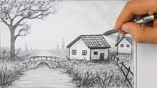 How to Draw a Landscape - Easy Pencil drawing art , Simple Scenery