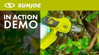 Sun Joe 24V-HCS-LTE - 24-Volt Cordless Mini Chainsaw, Handheld Pruning Saw Kit - Live Demo