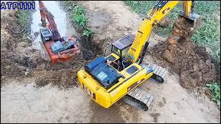 Hitachi 360H Long Reach Excavator Stuck In Deep Mud Heavy Recovery by Cat 320GC