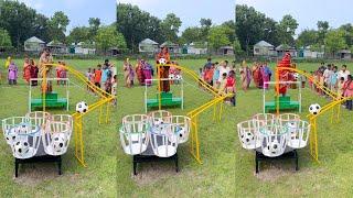 Women skillfully guide soccer balls down a curved ramp, aiming for colorful baskets to score points