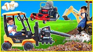 Landscaping compilation with kids ride on tractor, lawn mower, forklift, excavator, and tow truck