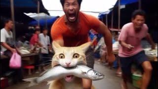 A Funny Cat Stealing A Fish l Running Away With it And Then Gets Caught l Thief Cat