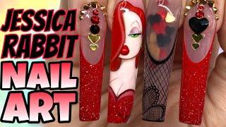 JESSICA RABBIT NAIL ART TUTORIAL‼️ Acrylic Pop off method, Hand painted gel nail art️‍