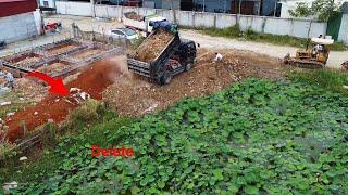 The opening project!! Dump trucks unload soil to delete the lake process with small bulldozer push