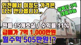 인천다가구주택매매 원룸매매 15개호실 월세505만원 임대수익률 11%  은행감정가 9억원인데 매매가 7억1000만원 경매보다저렴한 급급매물건입니다