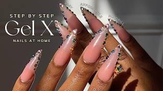 Simple Rhinestone Gel X Nails At Home, Without A Drill | BEGINNER FRIENDLY | Gel X Nails Tutorial