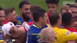 Three yellow cards at once as a high tackle led to a fight in Warrington's game against St Helens.