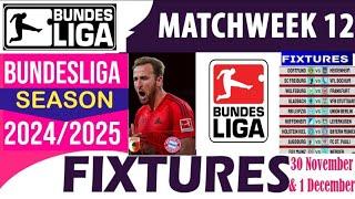 GERMANY BUNDESLIGA 2024/25 | MATCH WEEK 12 FIXTURES | BUNDESLIGA SCHEDULE |