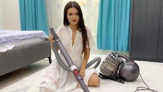 Girl Vacuuming in transparent white dress | see though vacuum | cleaning motivation