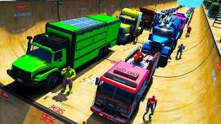 Homem-Aranha e Fire Truck Desafio Skateboard Ramp com Heróis! Сhallenge on Cars and Trucks GTA 5