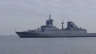Sea Lynx low pass over Baden-Württemberg-class frigate F222