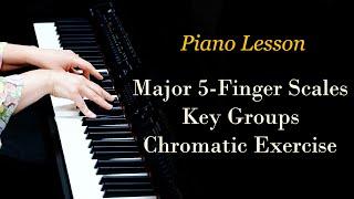 Piano exercises: major 5-finger scales, key groups, chromatic exercise