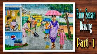 Rainy Season Drawing | Rainy Day Drawing | Monsoon Scenery Drawing with Oil pastel | Part-1