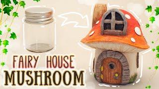  Mushroom House Made with Clay Over Glass Jar  (diy air dry clay)