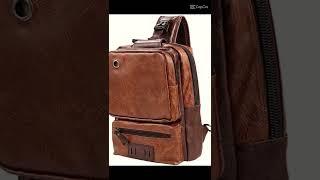 Men’s Sling Bag, Crossbody PU Leather Shoulder Backpack with USB Charging Port,