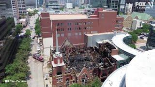 Drone video shows fire damage at First Baptist Dallas