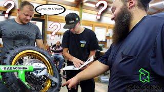 4 Cavemen learn how to use the Rabaconda Street bike Tire Changer!